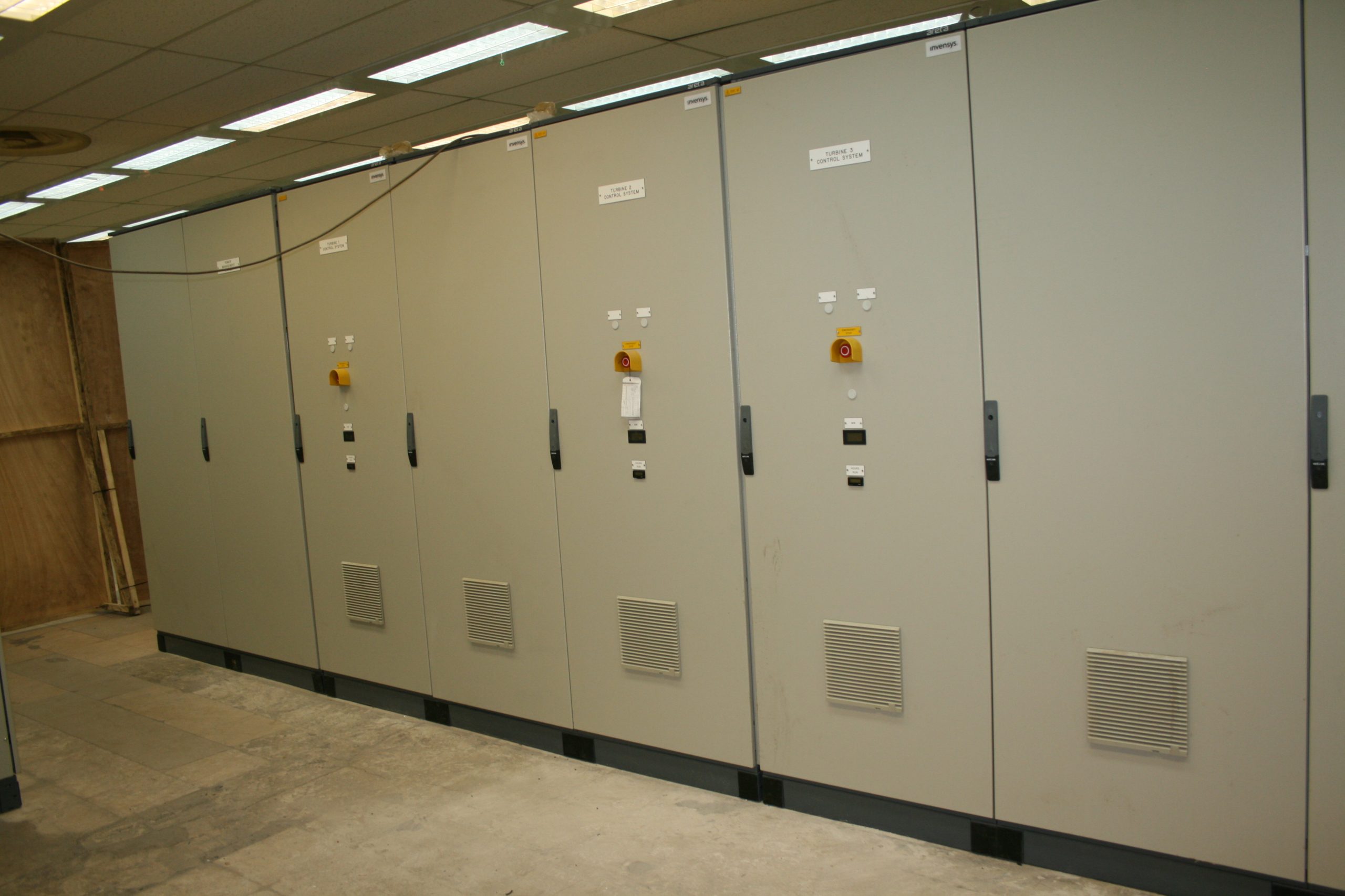 Row of turbine control system cabinets